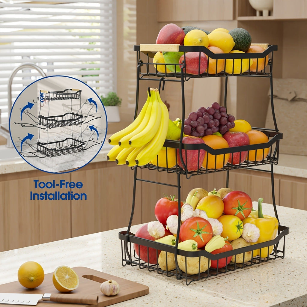 Tiered Fruit Basket Kitchen Organizer with Banana Hook, Removable 2 or 3 Metal Baskets and Wood Handle — image 11