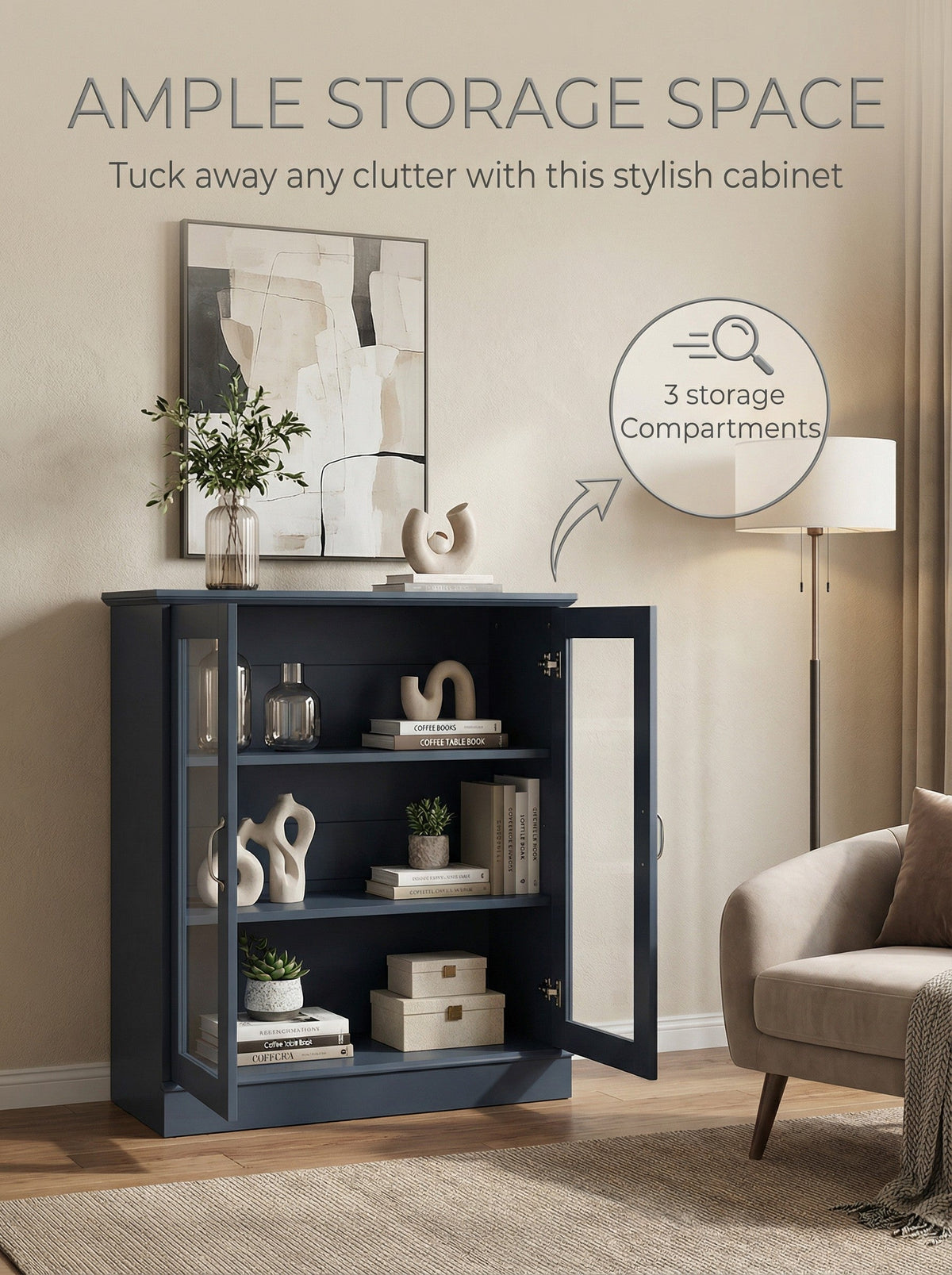 Modern Glass Door Cabinet – 3 Styles | Adjustable Shelves | Compact Storage Cupboard