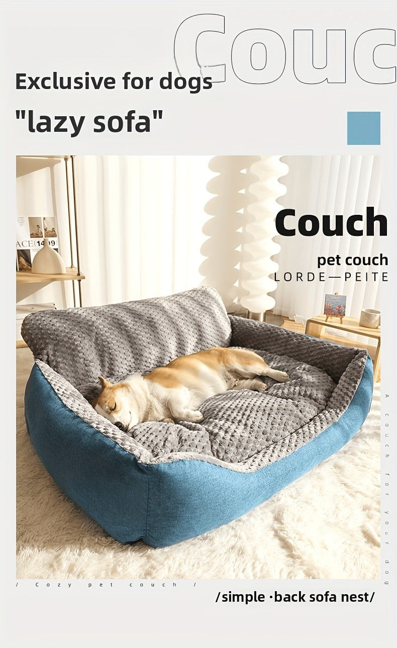 Blue-Gray Dog Bed Couch with Raised Back and Side Bolsters in Four Sizes, Plus One Random Cat Teaser — image 22