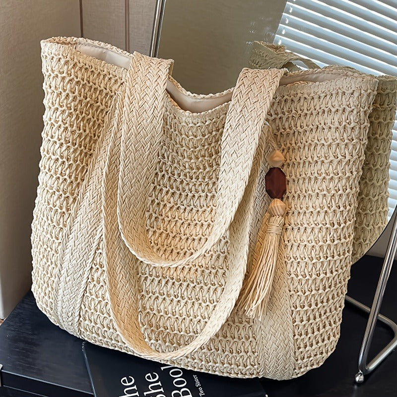 Woven Tote Bag with Tassel and Large Beach Storage for Women — image 12