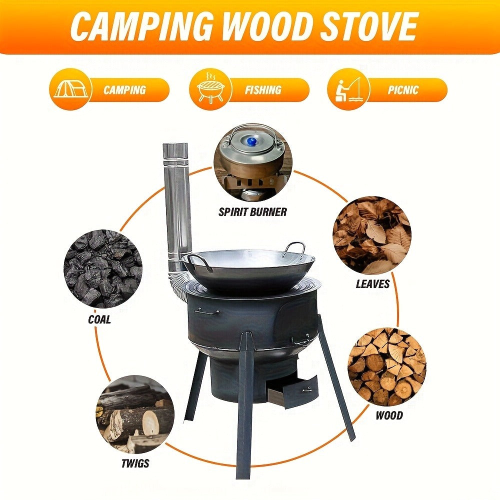 Round Wood-Burning Camp Stove Set with Chimney Pipe, Tripod Legs and 13.78- or 16.93-Inch Diameter Options — image 11