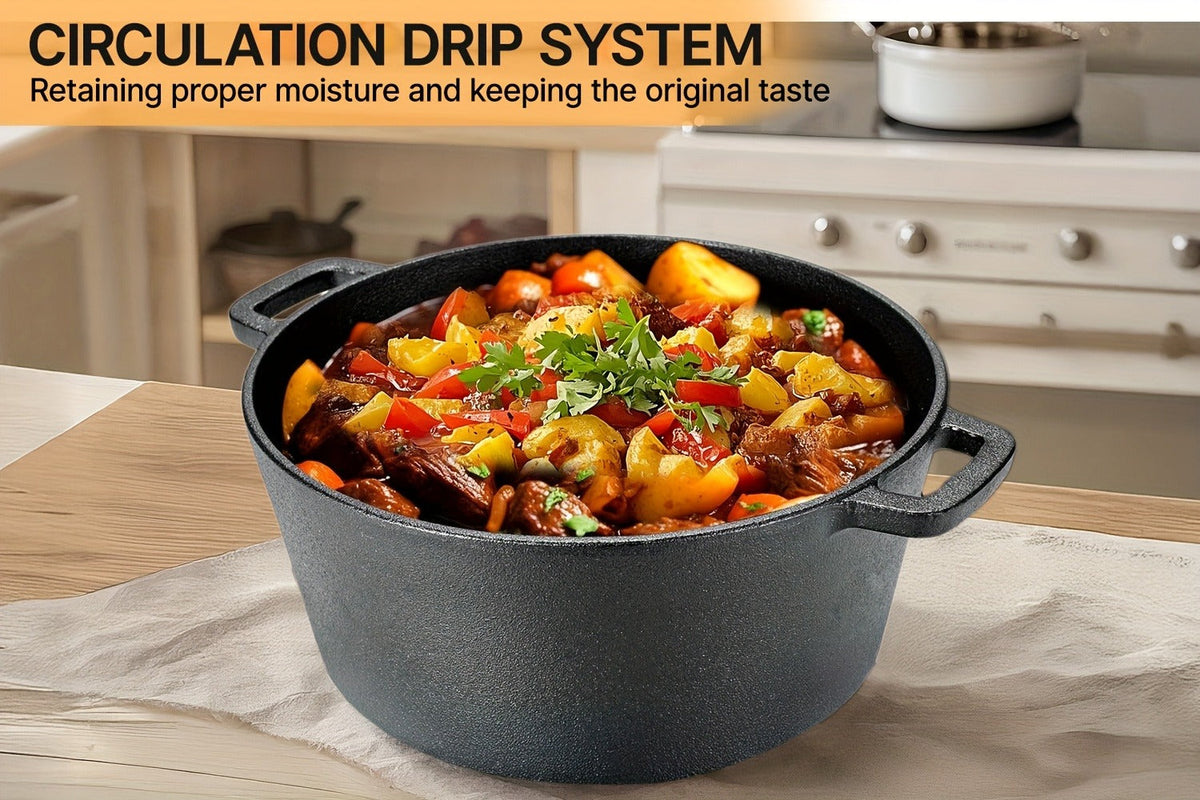 Pre-Seasoned-Labeled Cast Iron Dutch Oven with Reversible Skillet Lid, Trivet, Handle Covers and Scraper — image 10