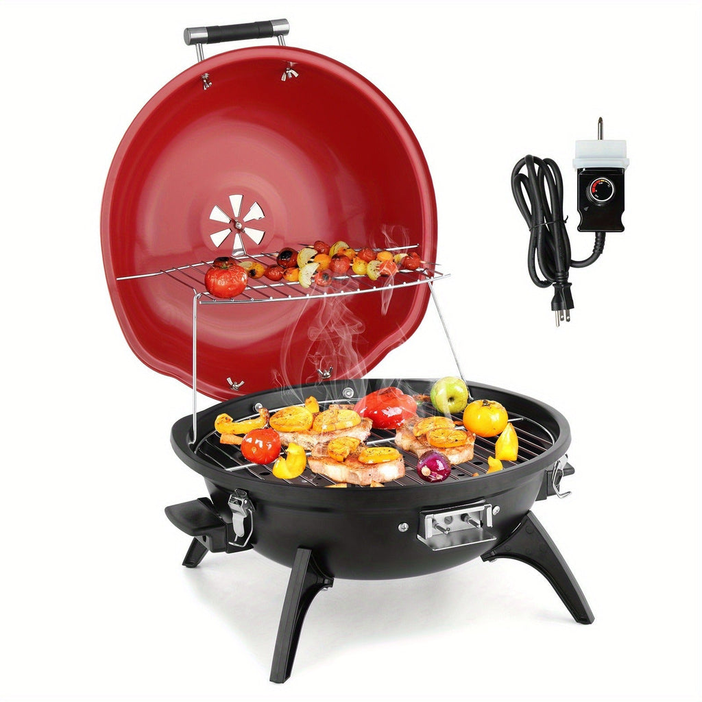 Electric BBQ Grill 1600W Indoor Outdoor Tabletop Grill with Lid Stainless Steel Heating Tube Chrome Grate Cool-Touch Handle —
