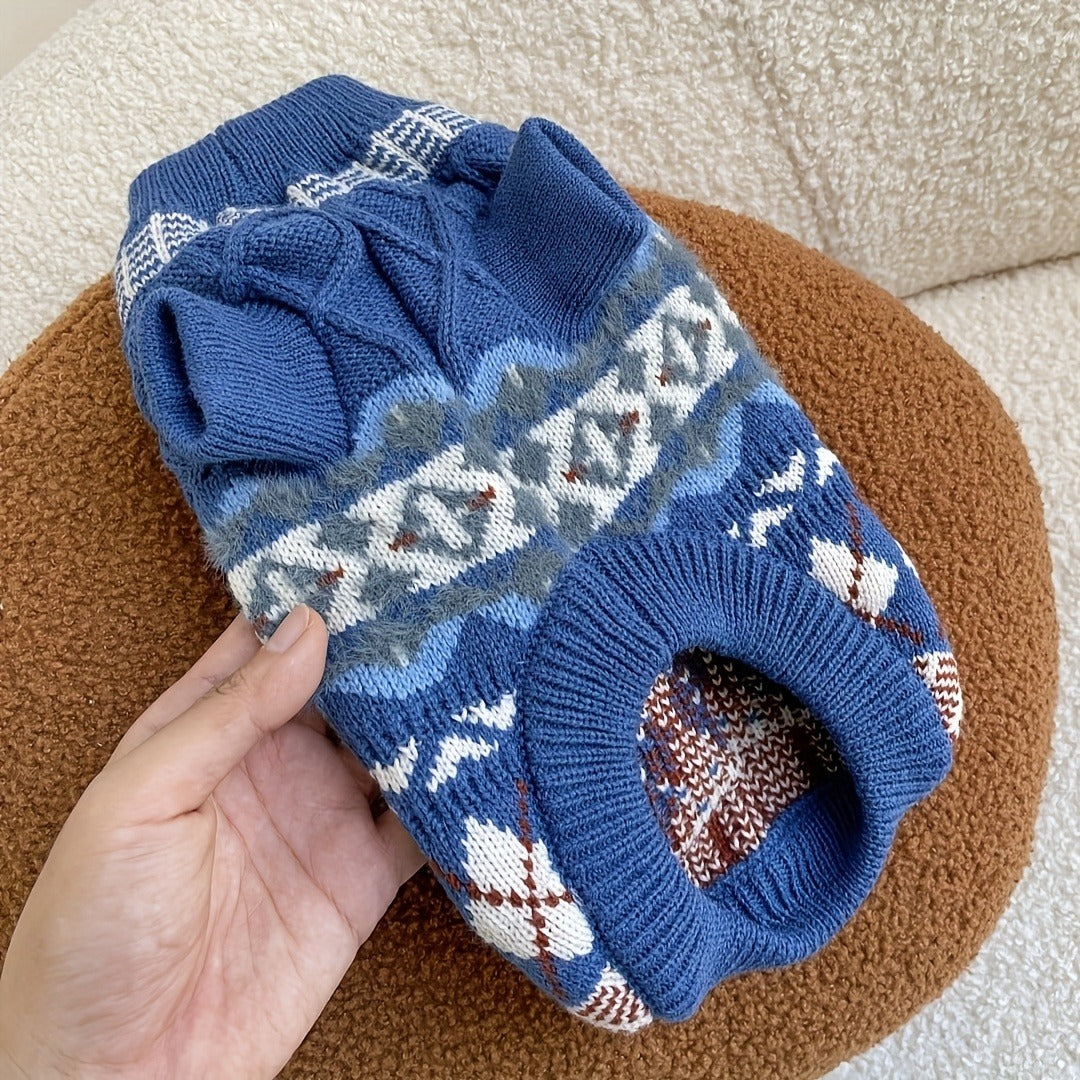 Cable-Knit Dog Turtleneck Sweater with Fair Isle Pattern, Beige or Blue and Five XS–XL Sizes — image 14
