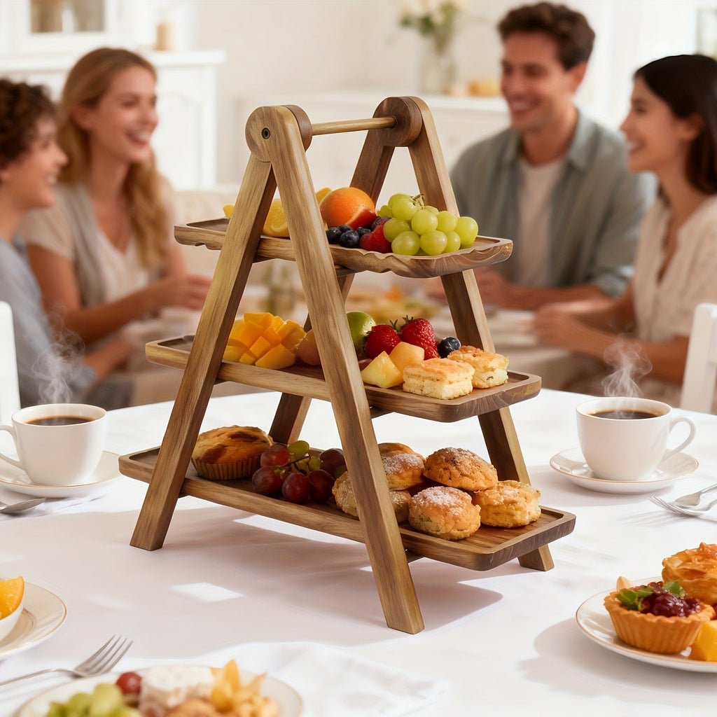 Cake Stand 3 Tier Wooden Serving Tray Farmhouse Dessert Display Cupcake Tower Bread Basket Collapsible Tiered Platter for Wed