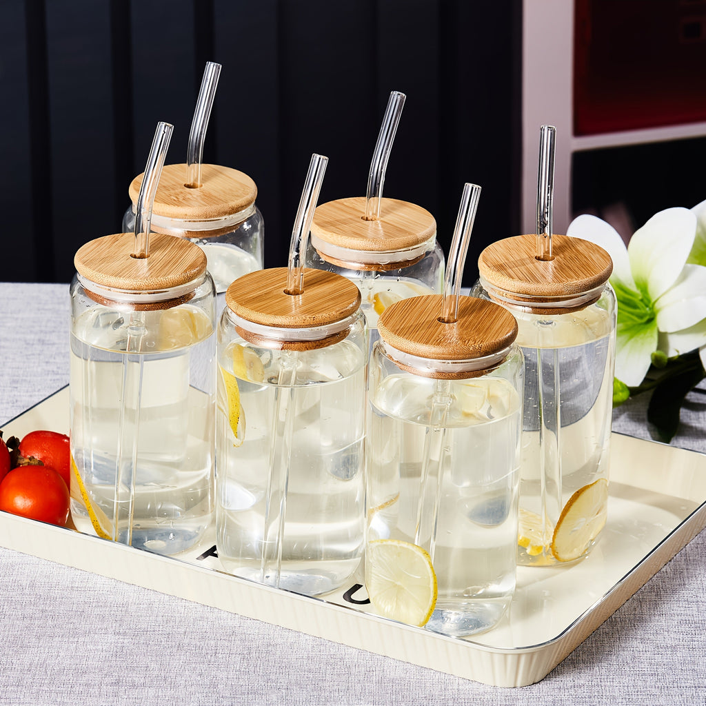 Drinking Glasses Set with Lid and Straw 550ml Oval Glass Cups 4 or 6 Piece, for Home Cooking, Dining and Outdoor Meals — imag