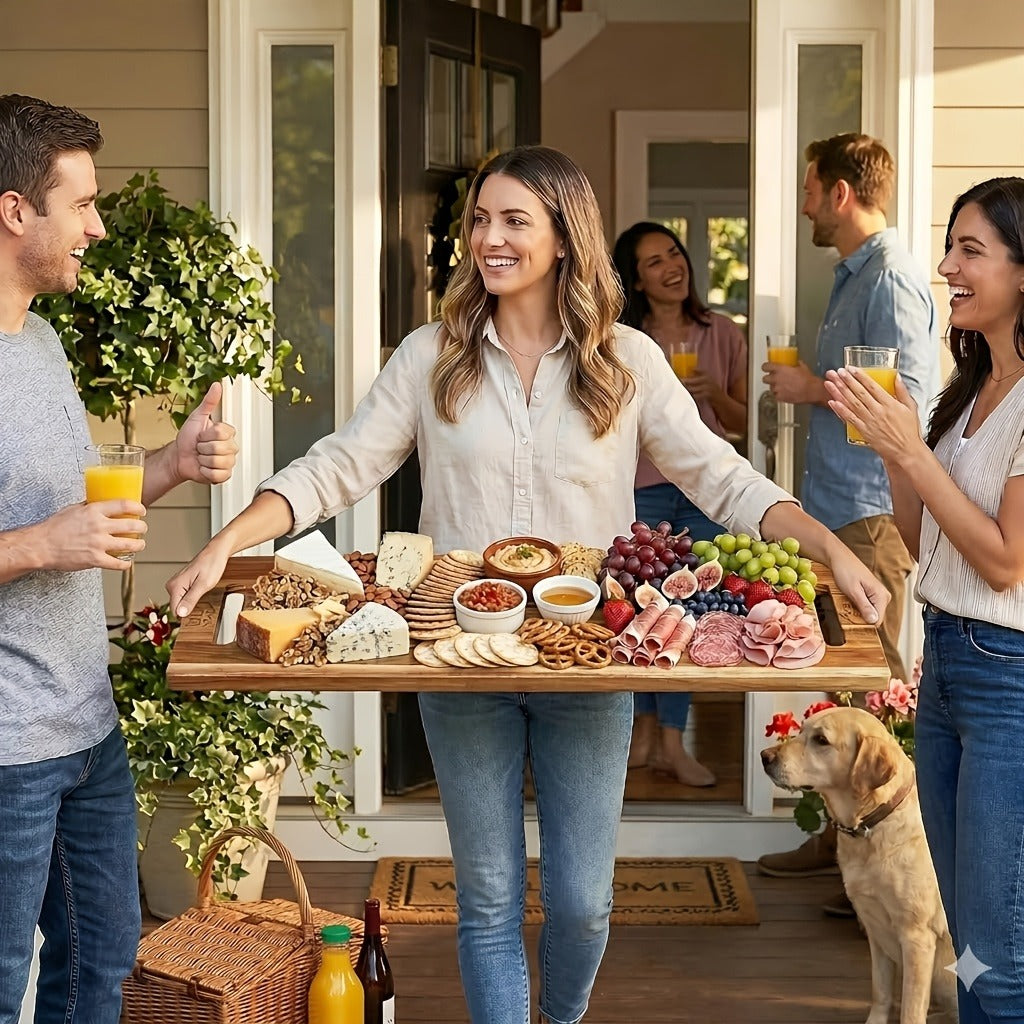 Extra-Long 36 x 11-Inch Wood-Color Charcuterie Board with Recessed Handles and Two Display Stands — image 10