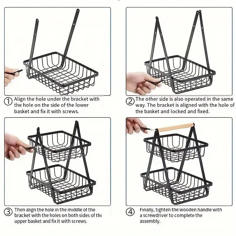 Fruit Basket Kitchen Organizer 2 or 3 Tier Metal Stand with Removable Wooden Handles for Countertop — image 11