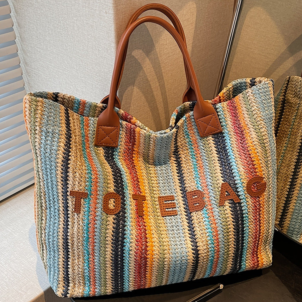 Straw Tote Bag for Women Large Capacity Bohemian Hand-Woven Striped Beach Bag Summer Vacation Shoulder Bag Colorful Letter Pa