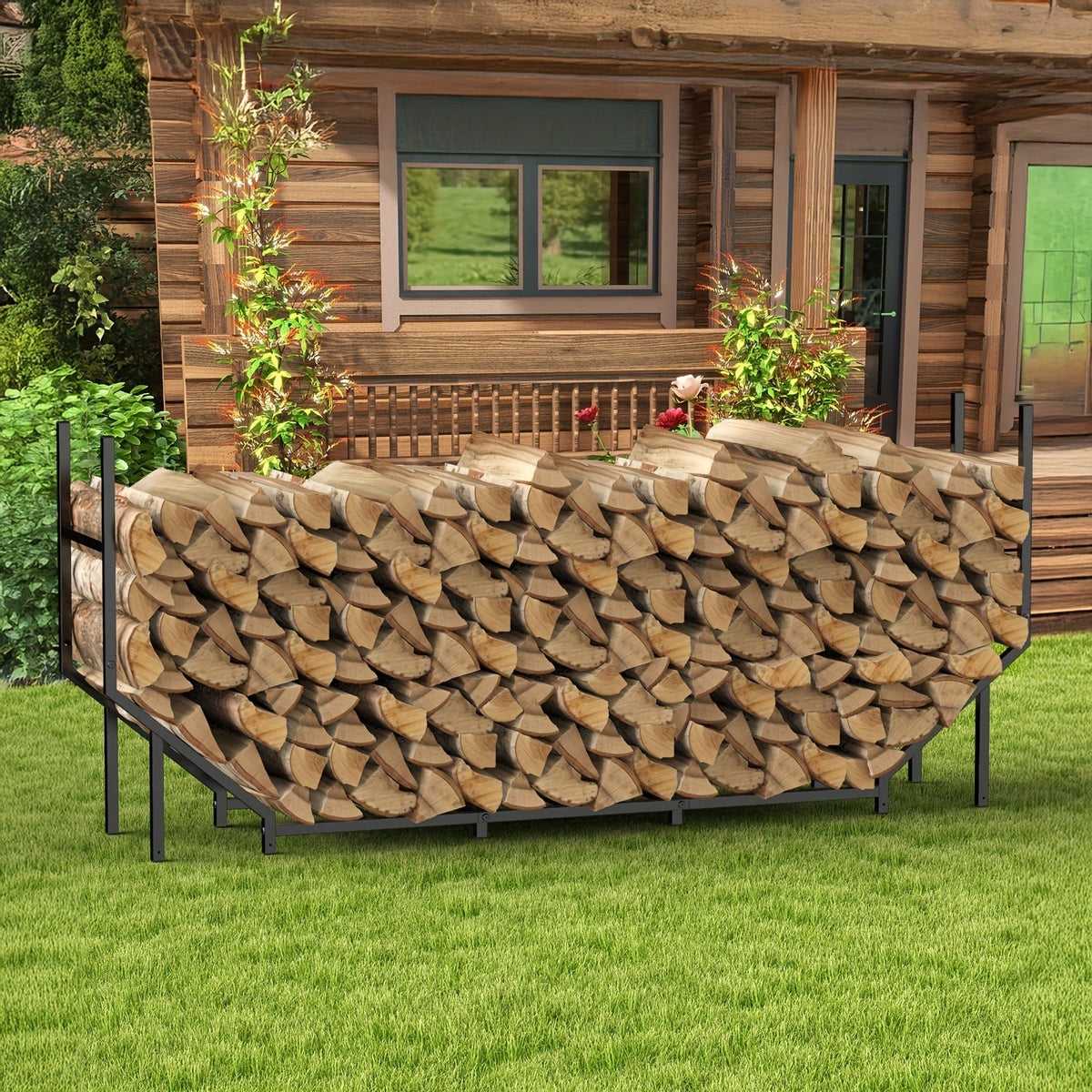Firewood Rack Heavy Duty Adjustable – Outdoor & Indoor Log Holder with Cover, A-Frame Steel Wood Storage Stand for Fireplace,