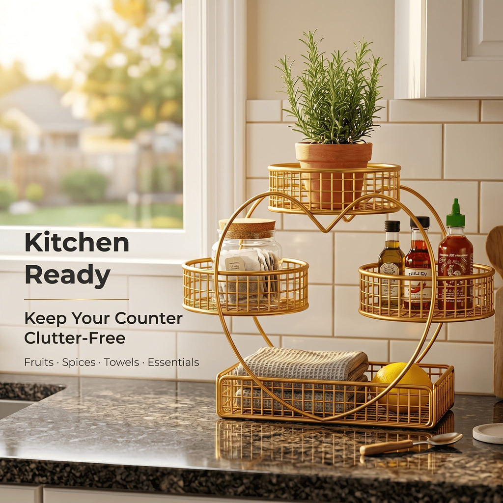 Three-Tier Gold-Tone Wire Fruit Basket with Three Round Bowls and Rectangular Countertop Base — image 10