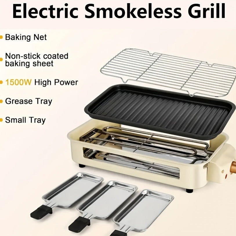Indoor Smokeless Electric Grill 1500W Non-Stick Raclette Table Grill with Removable Plate & 3 Mini Pans Compact BBQ Griddle —