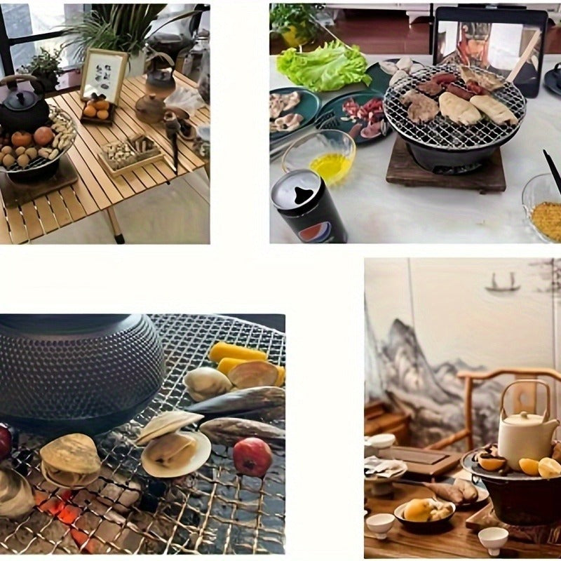10.6-Inch Round Charcoal Grill Set with Cast-Iron Body, Cooking Grid, Wooden Base and Tongs — image 10