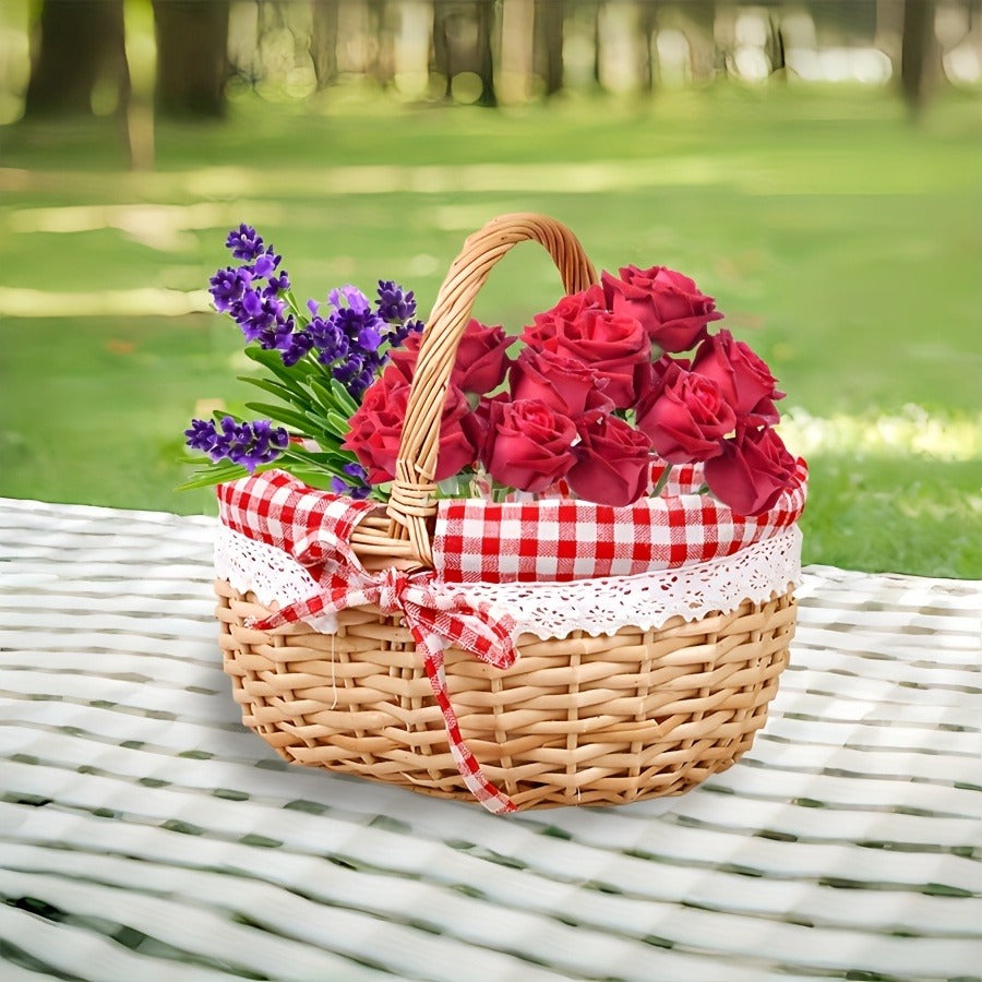 Large Wicker Picnic Basket with Split Lid, Central Carry Handle and Red Checkered Textile Lining — image 10