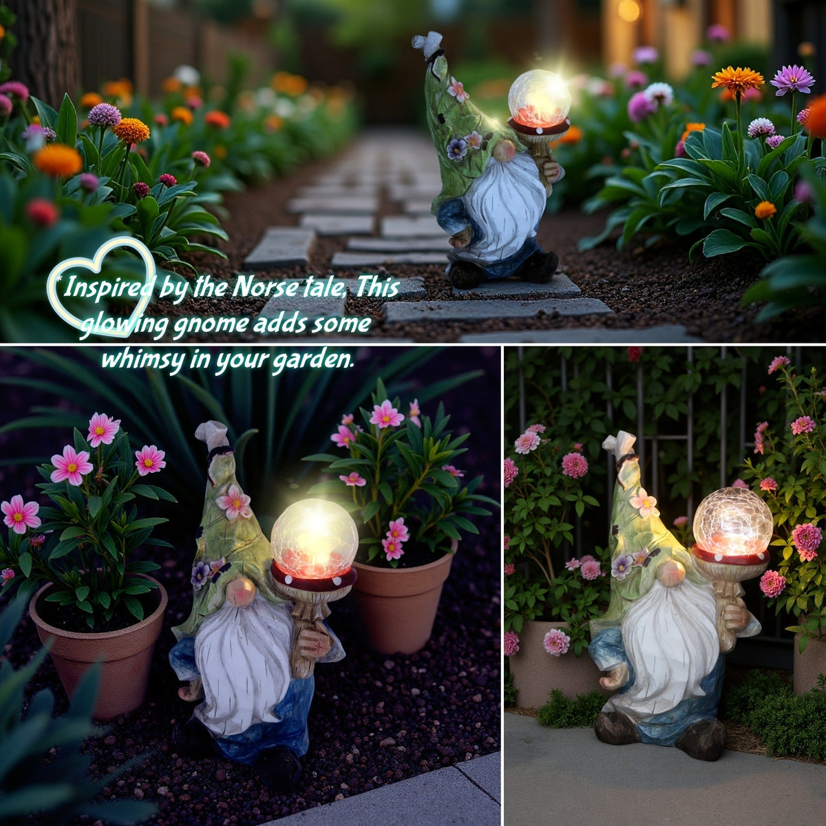 Solar Garden Gnome Statue with LED Magical Ball Light Outdoor Resin Dwarf Sculpture IP44 Waterproof Spring Yard Patio Decor H