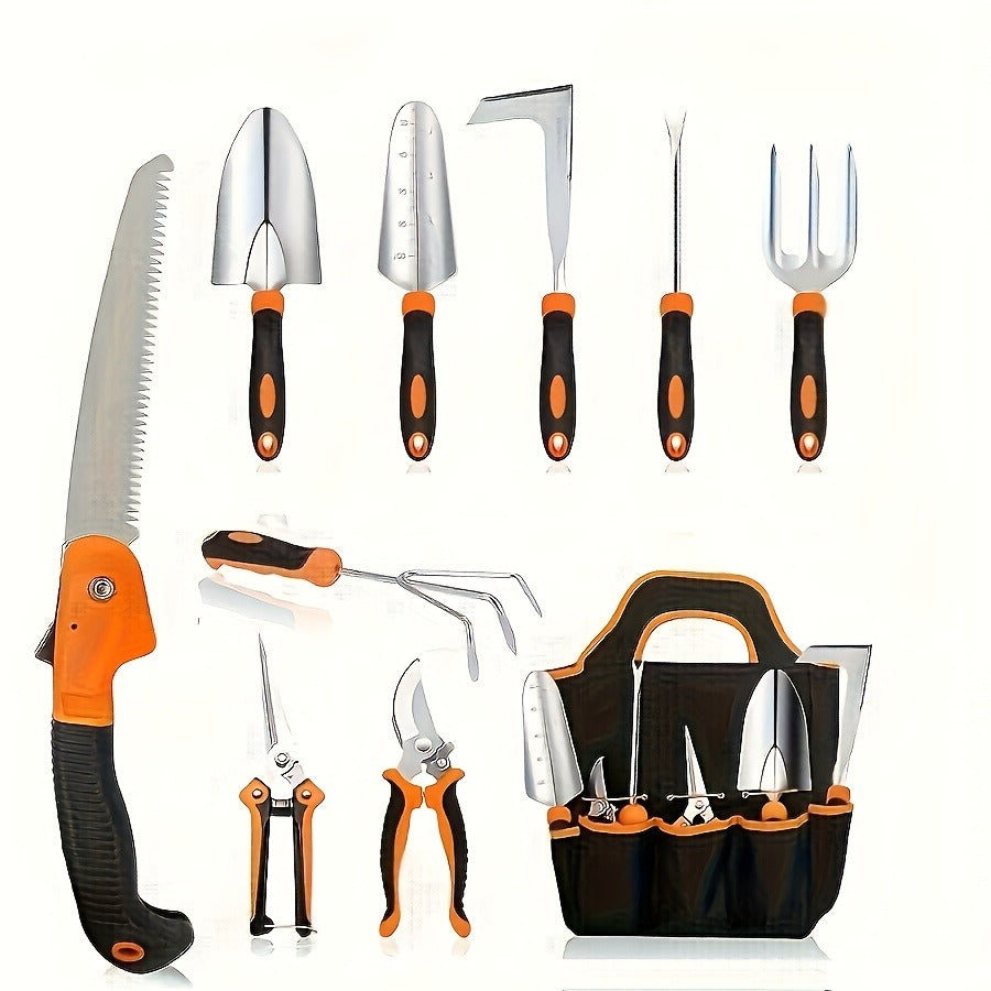 Garden Tool Set 10-Piece | Heavy Duty Stainless Steel Trowel Pruner Rake Weeder with Tote Bag | Ergonomic Non-Slip Grip Garde