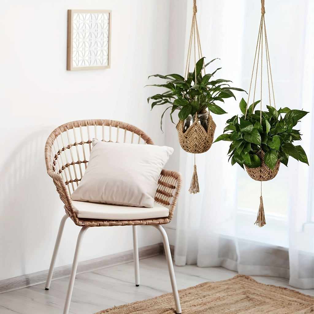 Macrame Plant Hanger with Tassels, Bohemian Cotton Rope Crochet Wall Basket, Indoor Outdoor Hanging Planter with Hooks, Boho 