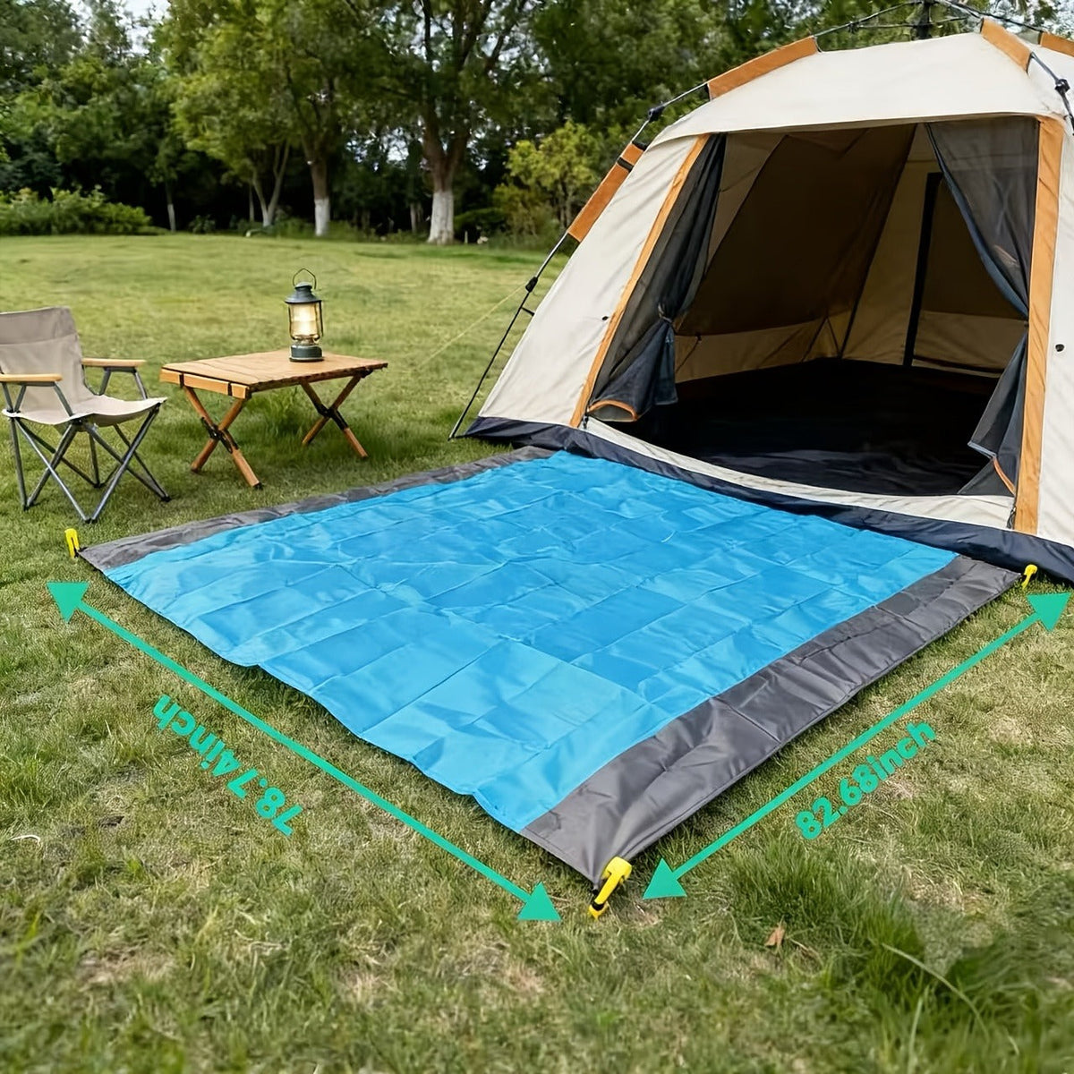 210 x 200cm Picnic Mat with Blue Center Panel, Grey Border, Drawstring Carry Pouch and Ground Stakes — image 10