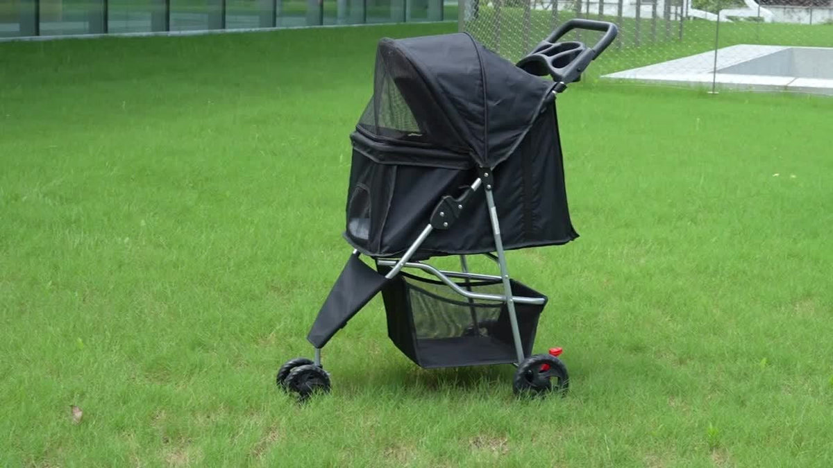Black Three-Wheel Pet Stroller with Mesh Cabin, Front Cover, Cup Tray and Lower Storage Basket — image 4