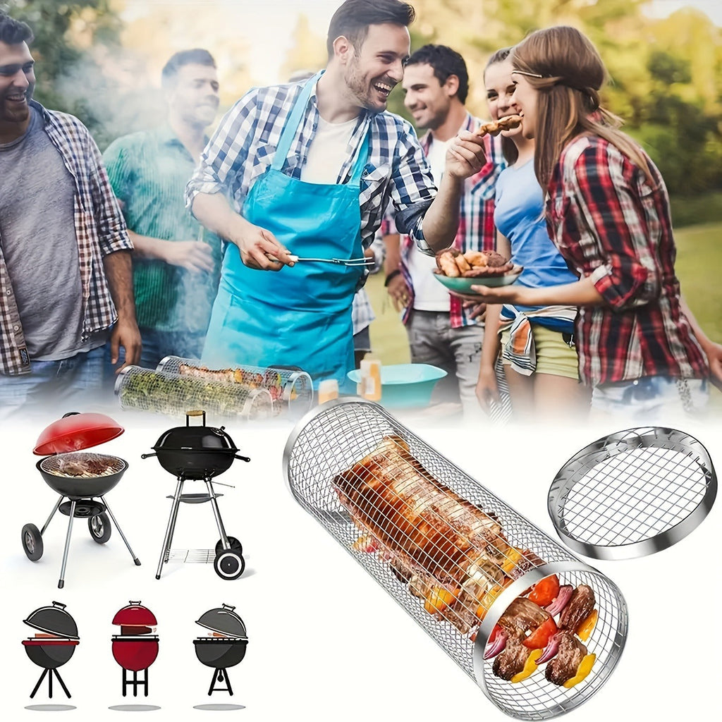 Rolling Grill Basket Stainless Steel 2-Pack, Cylinder BBQ Basket with Hook & Fork for Vegetables — image 10