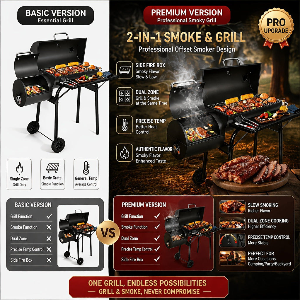 Barrel Charcoal Grill with Offset Smoker, Wheeled Cart, Side Firebox and Two Black Configuration Options — image 11