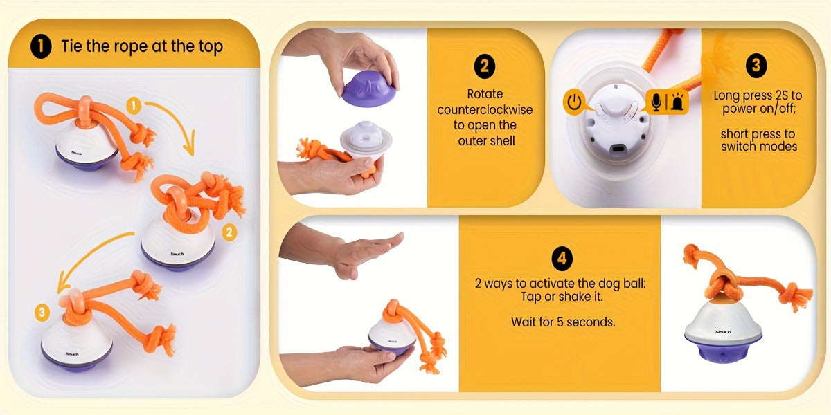 Dog Toy Motion-Activated Auto-Rolling Ball with Voice Recording, Rope and White or Gray Options — image 12