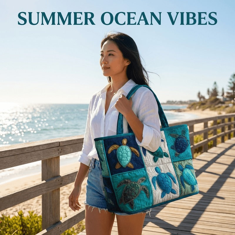 Sea Turtle Patchwork Tote Bag with Quilted Panels, Teal Handles and 17 x 15.75-Inch Checkout Size — image 10