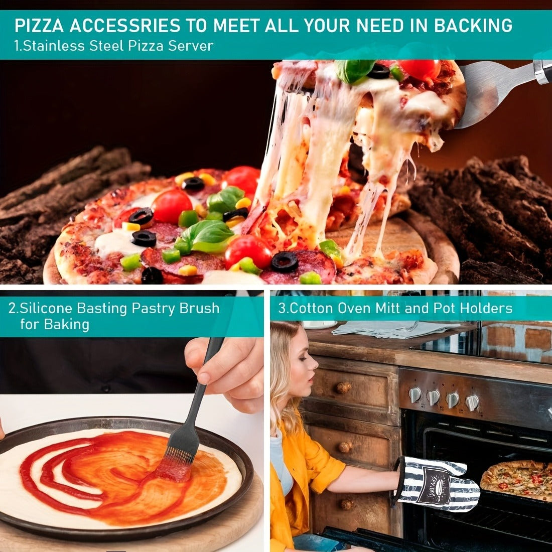 Pizza Stone Set 7-Piece with Tools – Cordierite Baking Stone with Stainless Steel Peel Cutter Brush & Heat-Resistant Gloves |
