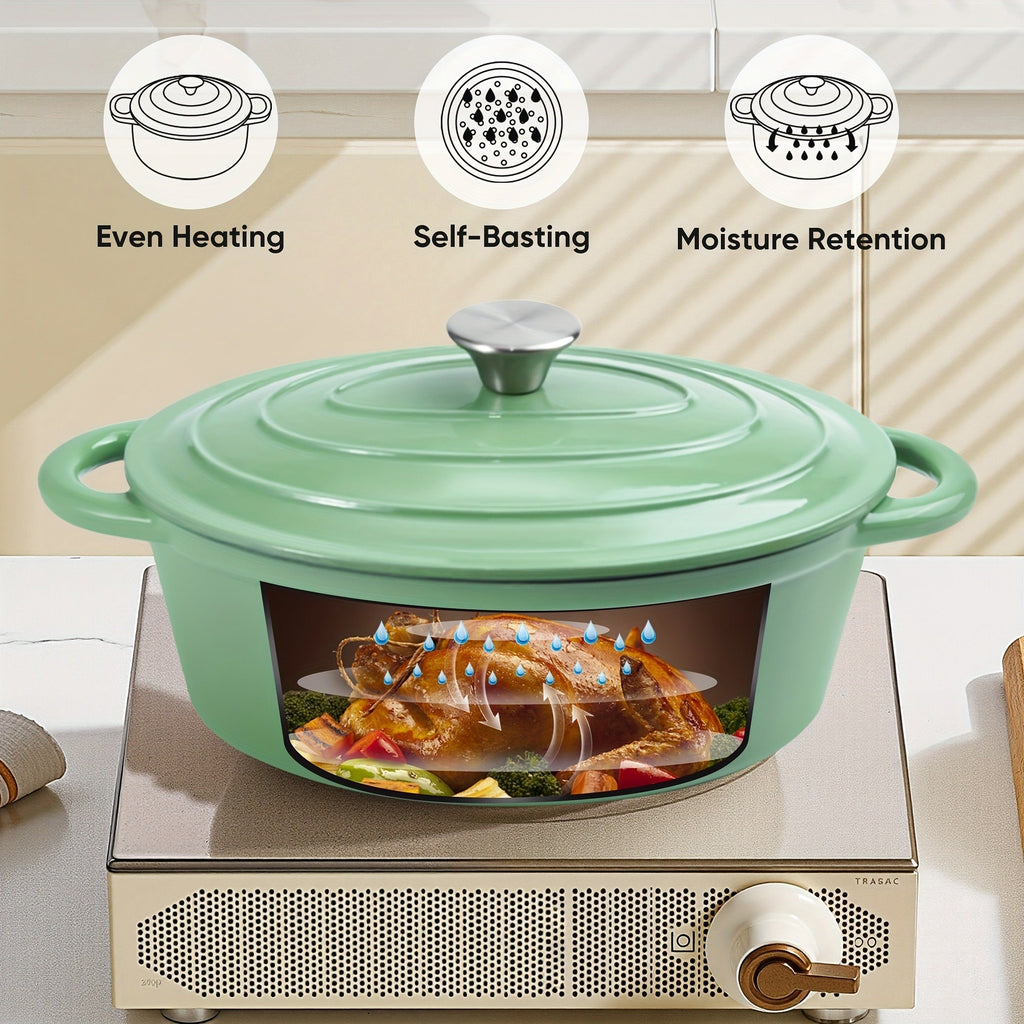 Dutch Oven Enameled Cast Iron 4.5QT with Lid & Dual Handles – Oval Non-Stick Enamel Coating for Bread Baking Soups Stews Brai