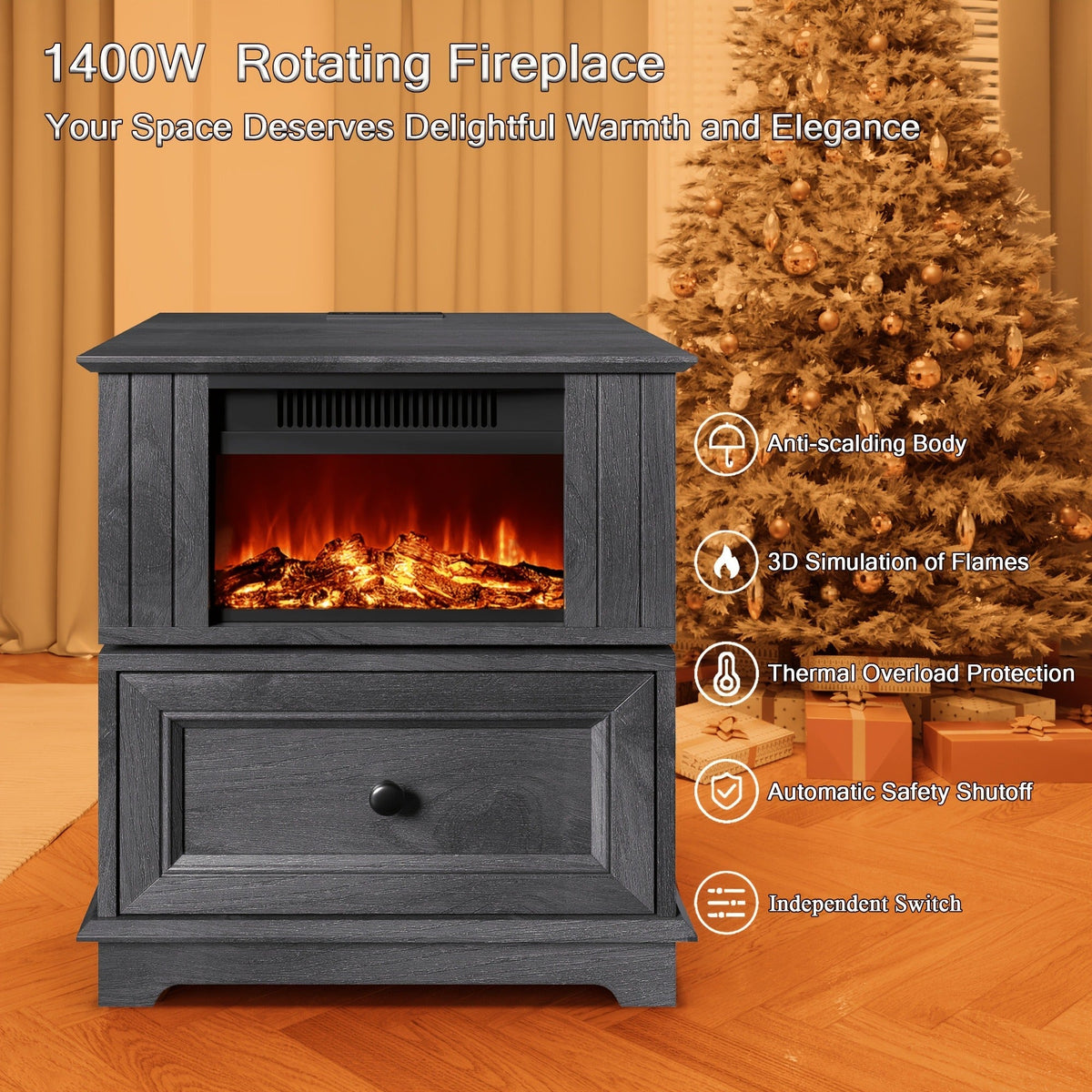 Electric Stove Heater End Table Rotatable Fireplace Side Table 1400W 4800 BTU Indoor Heater with Storage for Garden, Patio an
