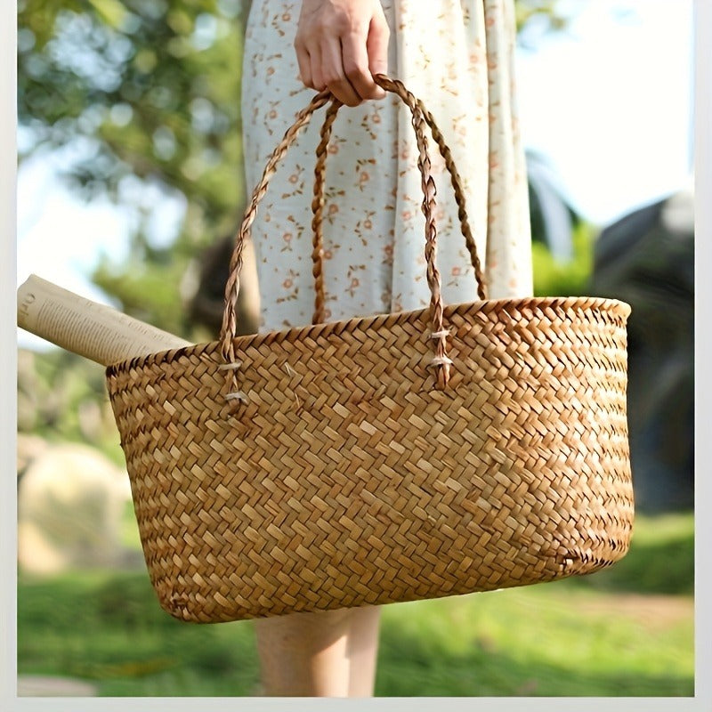 Large Woven Straw Picnic Tote Basket with Long Handles, Open Top Natural-Color Outdoor Carry Design — image 10