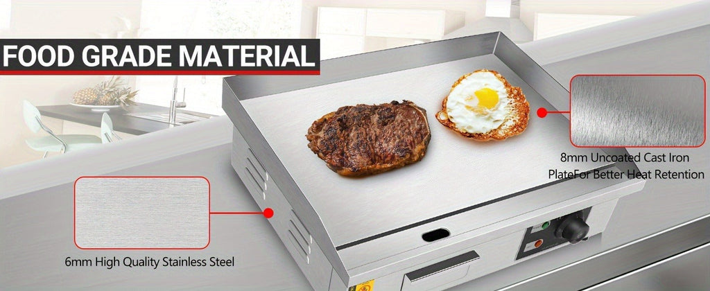 Flat Top Griddle 22 Inch 1600W Electric Countertop Teppanyaki Grill Non-Stick Stainless Steel Commercial for Garden, Patio an