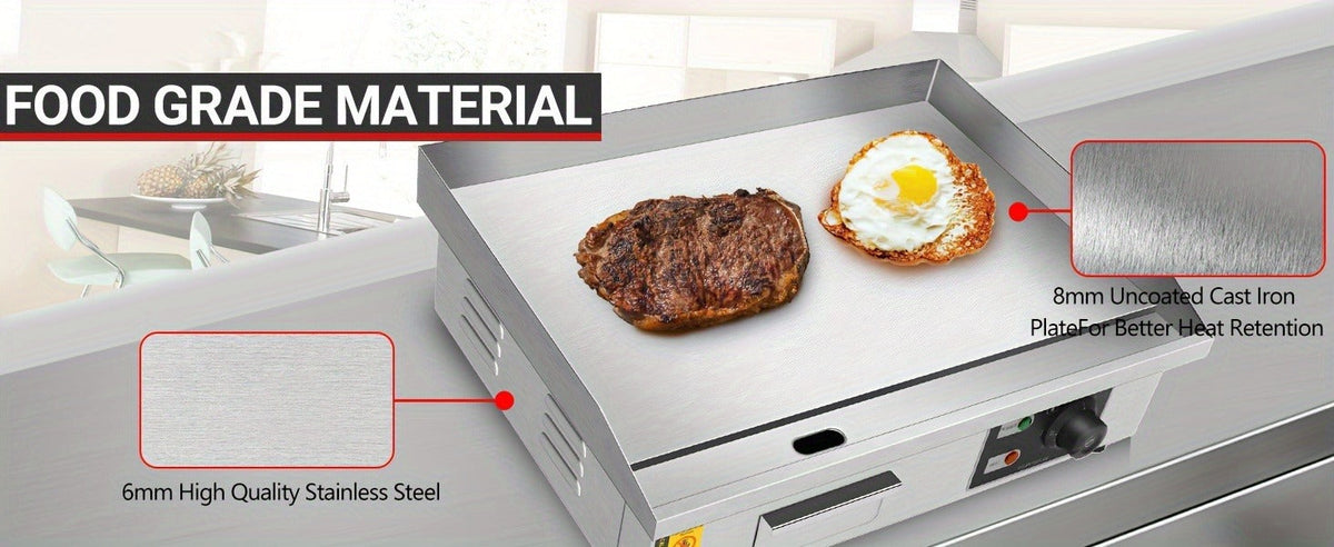 Flat Top Griddle 22 Inch 1600W Electric Countertop Teppanyaki Grill Non-Stick Stainless Steel Commercial for Garden, Patio an