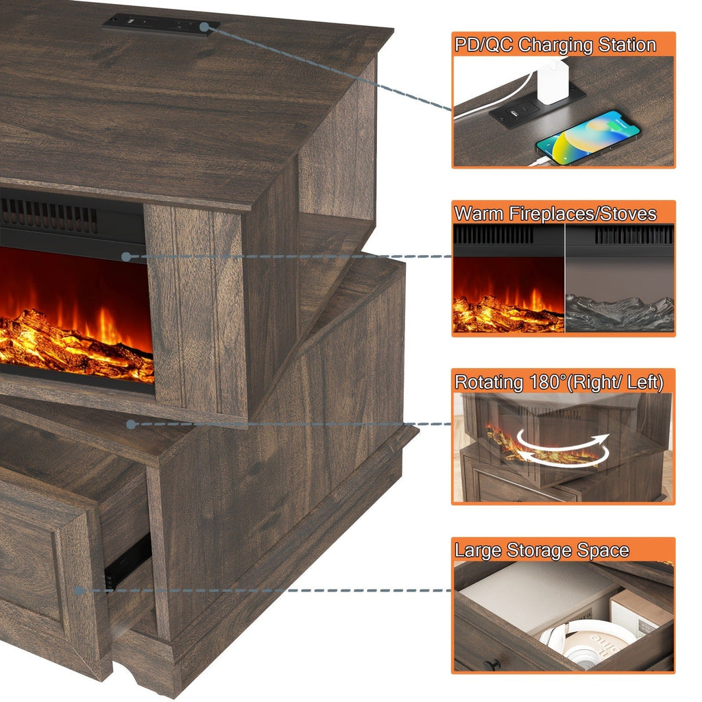 Electric Fireplace End Table Rotating 13-Inch Screen Side Table with Fast Charging Station Storage Shelf for Living Room Bedr
