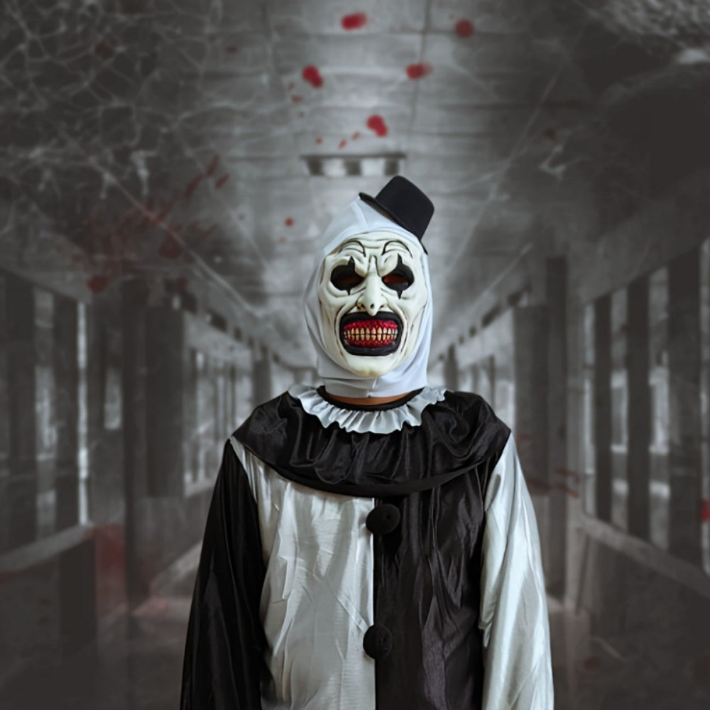 White Horror Clown Costume Mask with Full-Head Latex-Style Hood, Red Teeth and Attached Black Hat — image 4