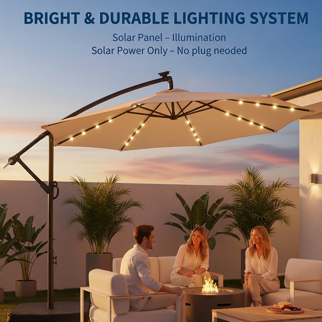 Patio Umbrella 10FT Offset Cantilever Solar LED Style with Tilt, Crank and 16 Base-Choice Color Options — image 2