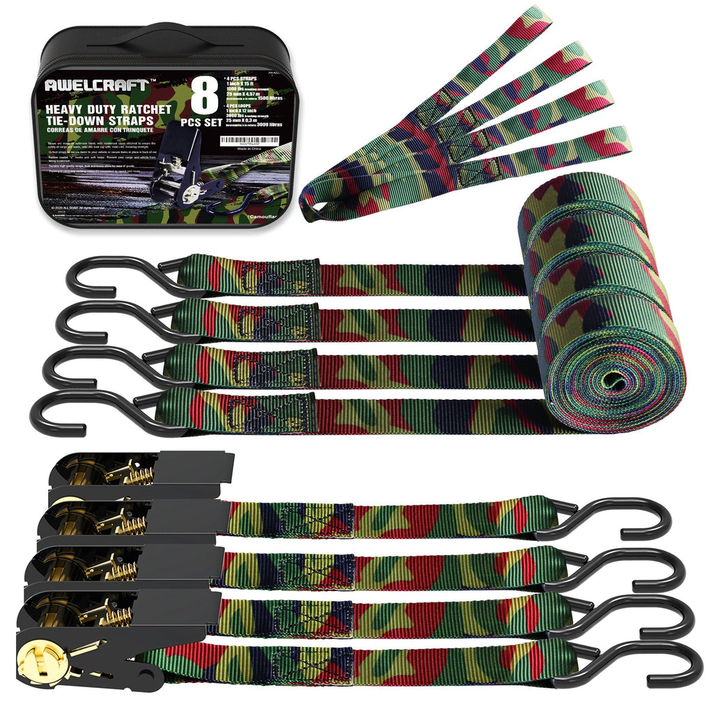 Ratchet Tie Down Straps 4-Pack 15FT 1, 500 lb Break Strength Heavy Duty with Soft Loops & Storage Bag – High-Visibility Webbi