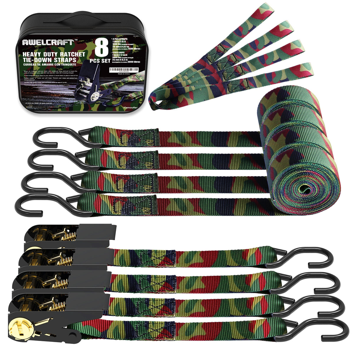Ratchet Tie Down Straps 4-Pack 15FT 1, 500 lb Break Strength Heavy Duty with Soft Loops & Storage Bag – High-Visibility Webbi