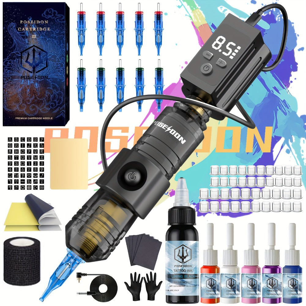Tattoo Machine Kit POSEIDON BT17-XH Wireless Pen with 1200mAh Battery, LCD, 10 Cartridges and 6 Inks — image 1