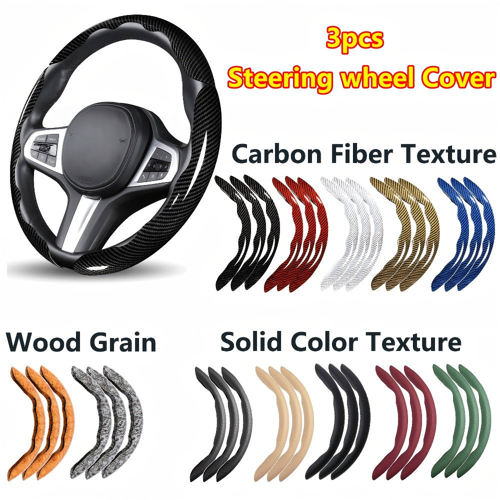 Carbon Fiber Steering Wheel Cover 3pcs – Anti-Skid Segmented Snap-On Protector, High-Grip ABS Resin, Universal Fit, Wood Grai
