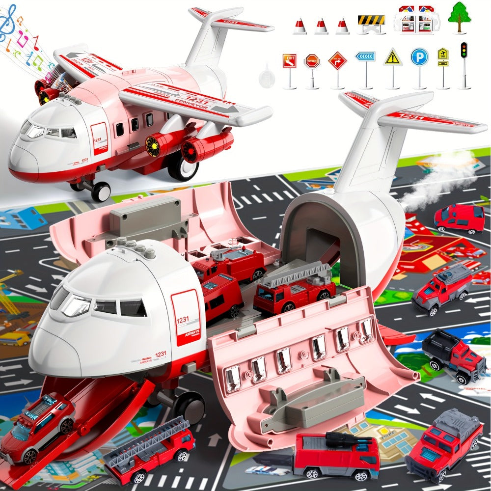 Jumbo Transport Airplane Toy for Kids with 10 Cars & Spray Mist, Cargo Plane Playset Toddler Boy Girl Birthday Gift Ages 3+ —