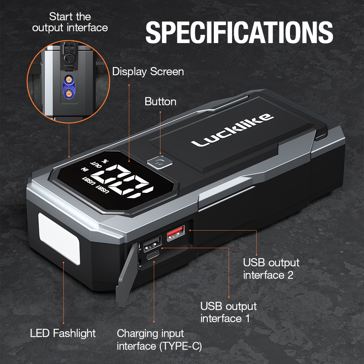 Battery Jump Starter 5000A 3000A Peak for Gas Diesel Engines QC3.0 18W Fast Charge USB-C Recharge for Garden, Patio and Yard 