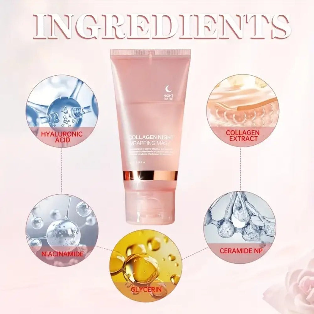 Collagen Night Wrap Mask with Jelly Brush 3pcs Hyaluronic Acid Deeply Moisturizing Nourishing Overnight Glossy Sleeping Mask 
