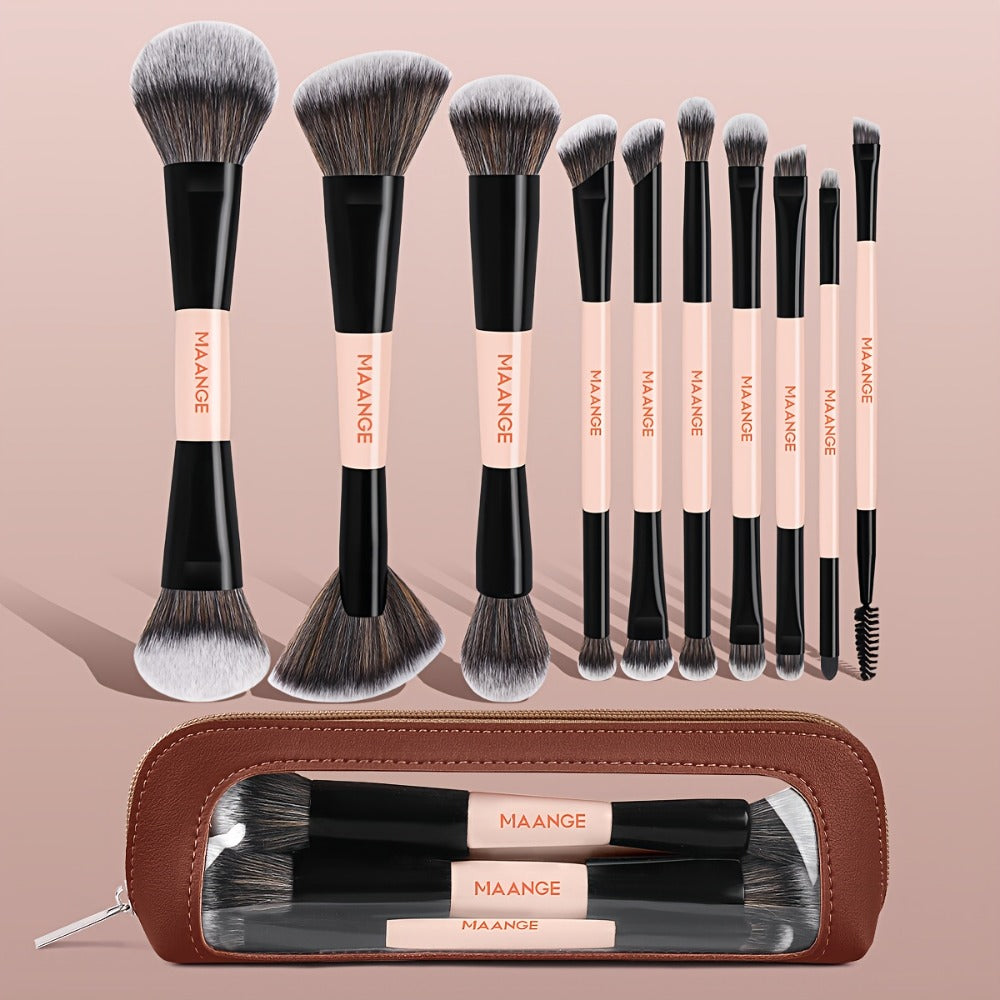 Makeup Brush Set, 10-Piece Double-Ended Nylon Bristle Collection with Cosmetic Bag and Three Color Options — image 3