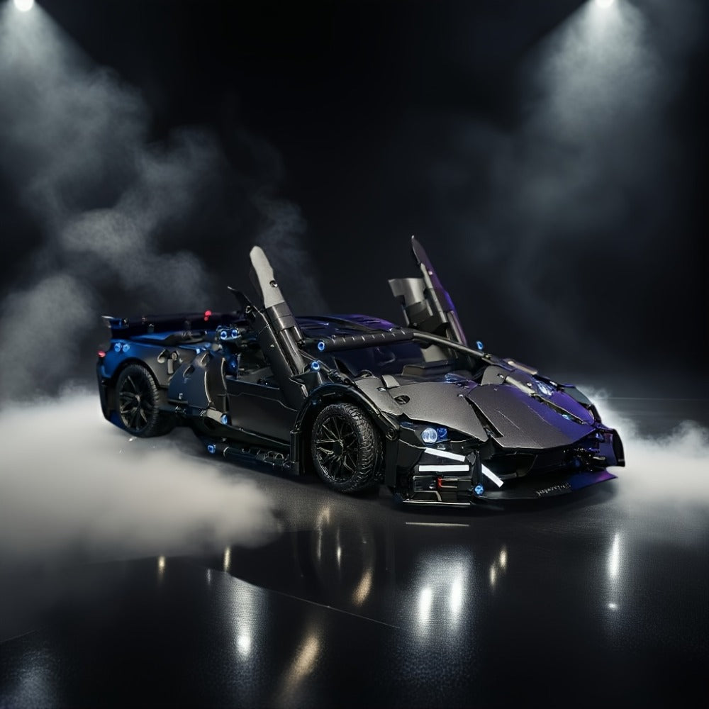 Black Supercar Building Blocks Set 1288 Pcs Limited Edition – Openable Hood Trunk Functional LED Headlights Realistic Engine 