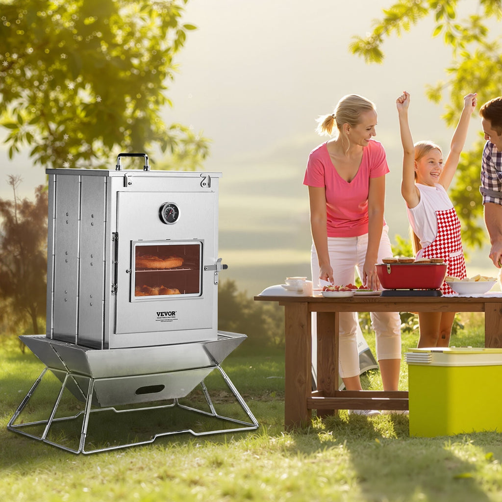Camping Oven Portable Foldable 3-Tier Stainless Steel Outdoor Baking Oven with Grill Racks for Wood Stove BBQ Propane — image