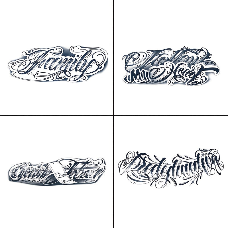 Temporary Tattoos, 4-Sheet English Word and Letter Set with Black Script Designs for Arm and Body Placement — image 7