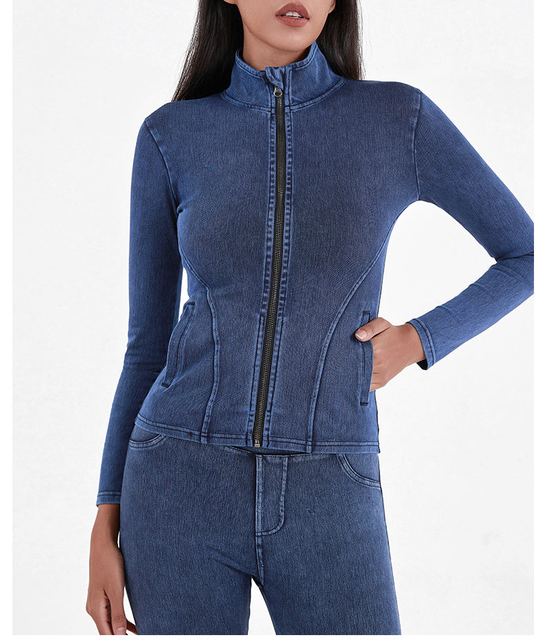 Slim Zippered Yoga Denim Jacket With Pockets High Collar Sports Fitness Outerwear Tops Coat For Women Clothing