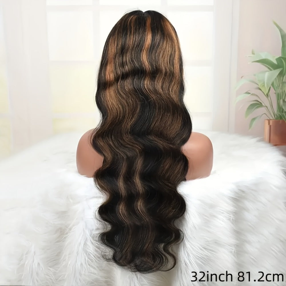 200% Density Lace Front Wig Human Hair Brown Highlights Long Wavy Pre-Plucked Glueless Heat, for Home, Travel and Salon Hair 