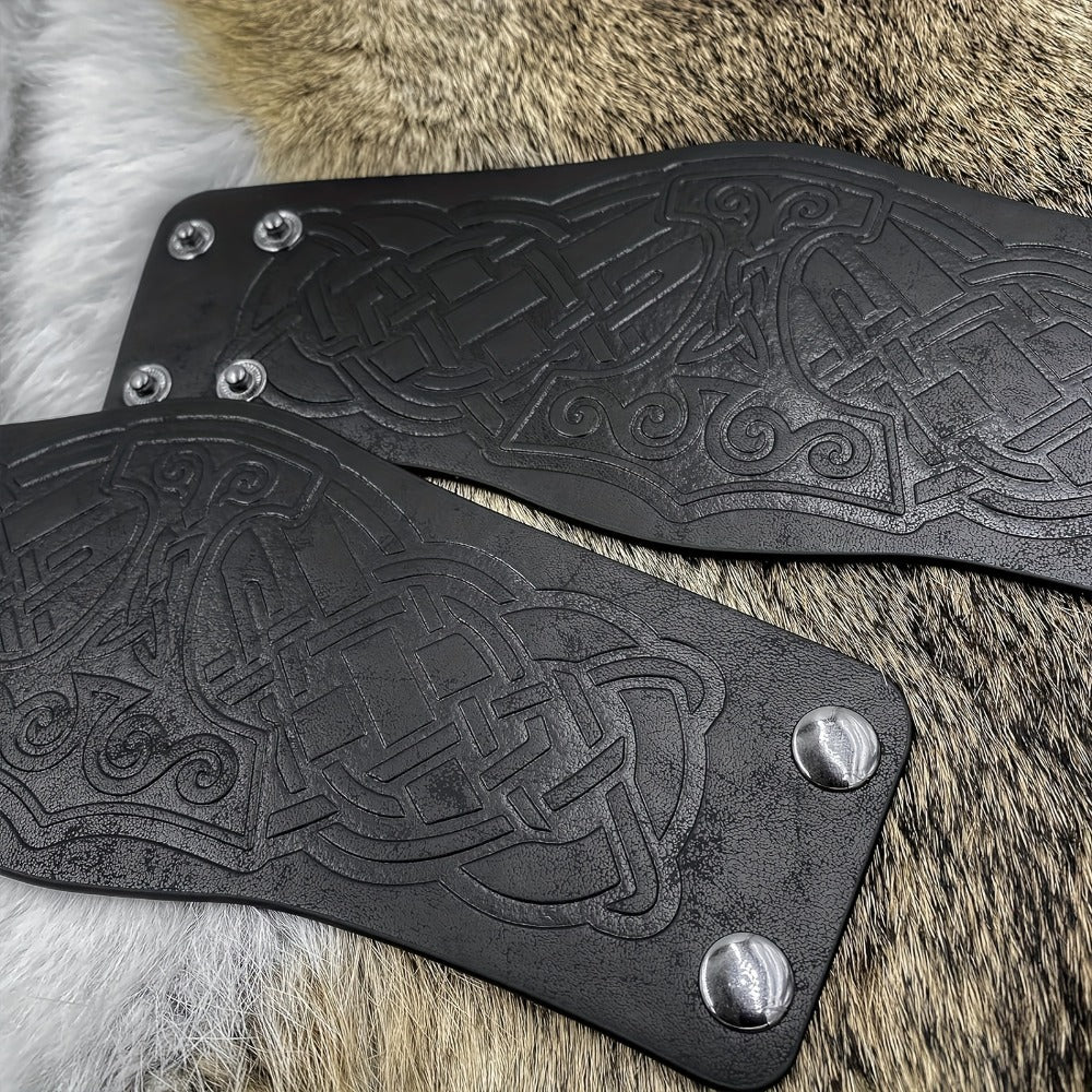 Viking Leather Cuff Bracelet Set 2pcs Norse Mythology Mjolnir Vegvisir Embossed Wristband for Men Women Halloween Gift — imag